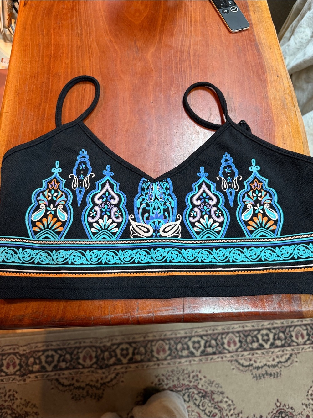 SHEIN Black Embroidered Crop Top with Turquoise and Orange Accents